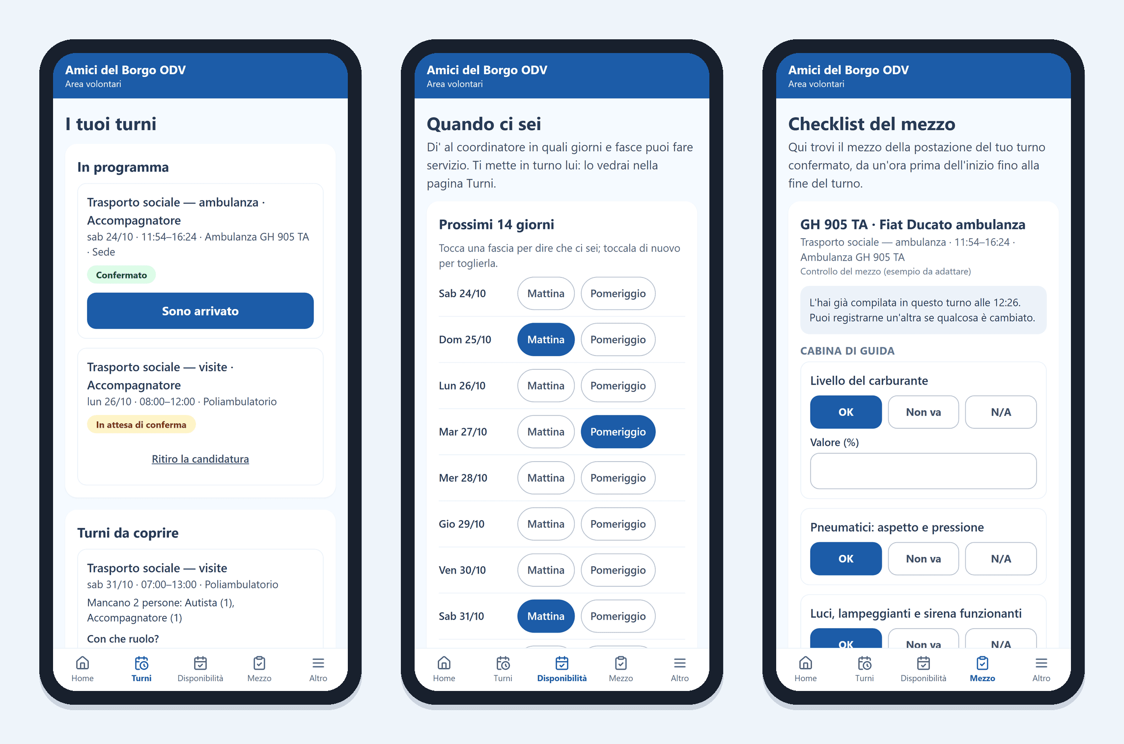 SempliCo — l'area di una volontaria non socia sul telefono: i suoi turni con la candidatura a quelli da coprire, i giorni in cui è disponibile e la checklist dell'ambulanza del suo turno.