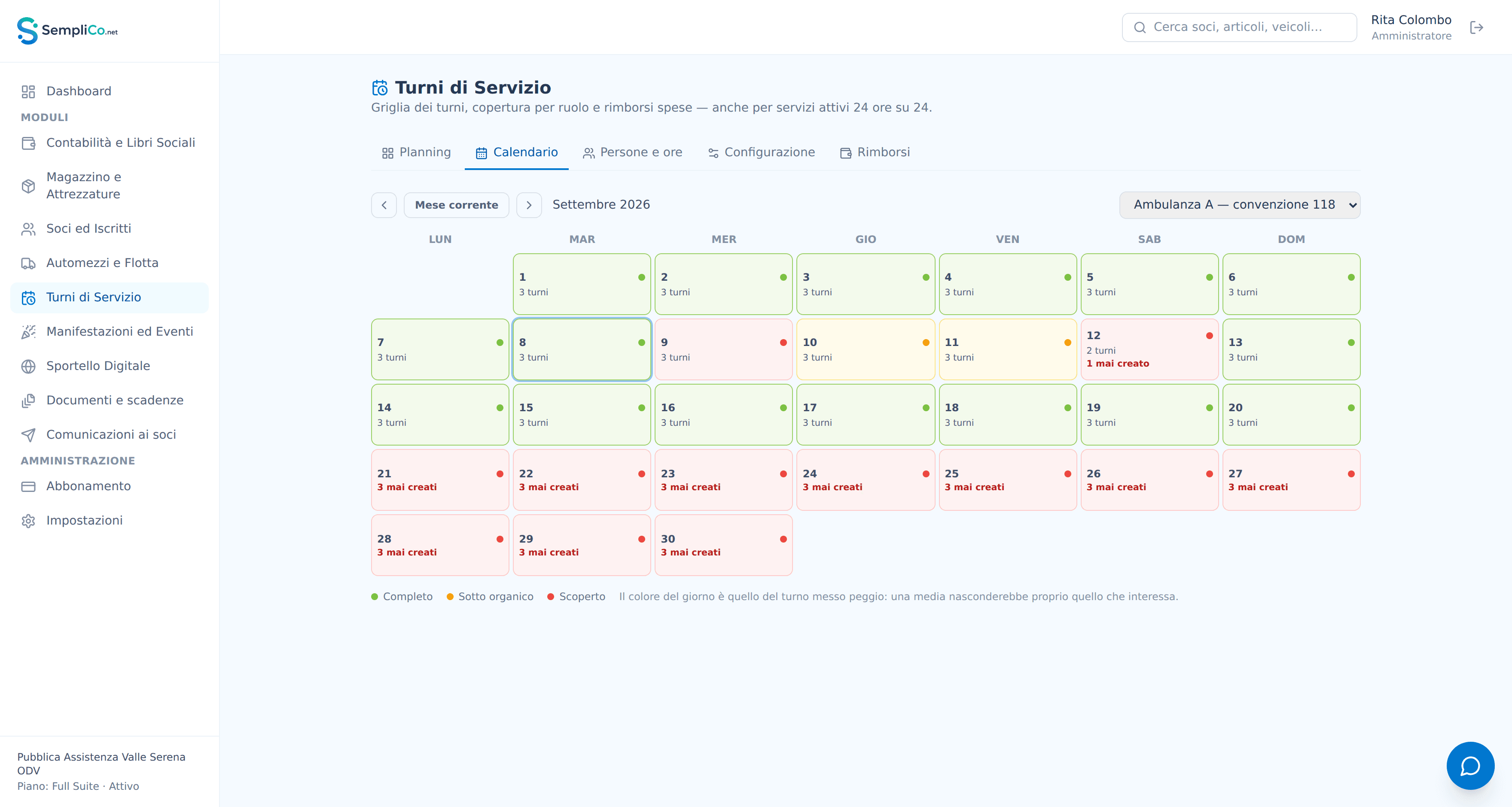Calendario mensile dei turni, con gli ultimi dieci giorni segnati come turni mai creati