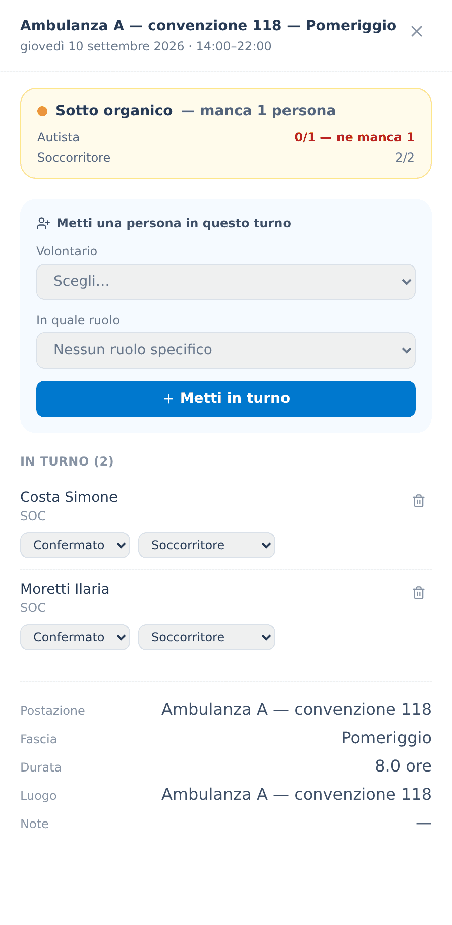 Scheda di un turno sotto organico: autista 0 su 1, soccorritori 2 su 2